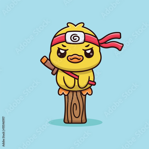 Cute Cartoon Samurai Duck Is Sitting on a Wooden Tree Vector Icon Illustration. Animal Holiday Icon Concept Isolated Premium Vector. Animals Cartoon