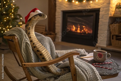 snake wearing a Santa hat, relaxing in a rocking chair by the fireplace while enjoying hot chocolate. Perfect blend of comfort, holiday spirit, and whimsical charm