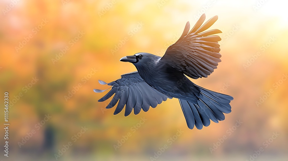 Fototapeta premium A realistic 3D animation of a crow flying across a digital landscape, its glossy black feathers shimmering in the sunlight as it caws loudly.
