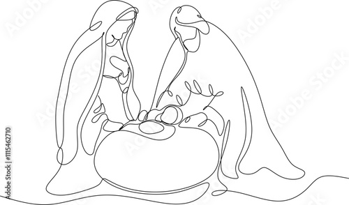 Continuous one line drawing. Bible Merry Christmas scene of holy family. Vector illustration 
