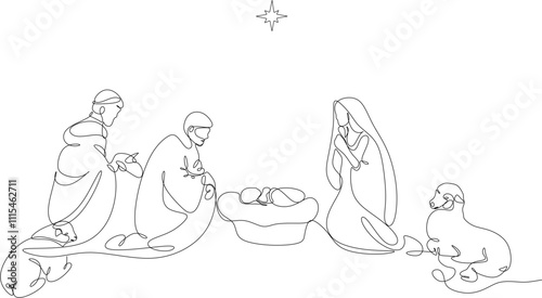 Continuous one line drawing. Bible Merry Christmas scene of holy family. Vector illustration 