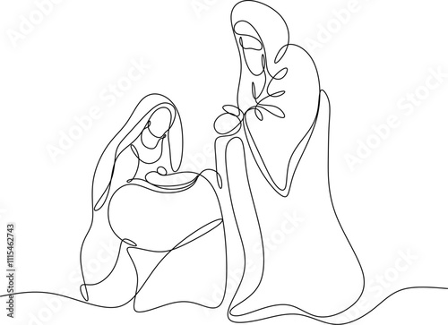 Continuous one line drawing. Bible Merry Christmas scene of holy family. Vector illustration 