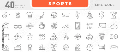 Sports line icon set. Containing badge, trophy, includes barbell, football, swimming, gymnastics,  football, basketball,  table tennis, sparing, and cardio line icon set. UI thin line icon pack.