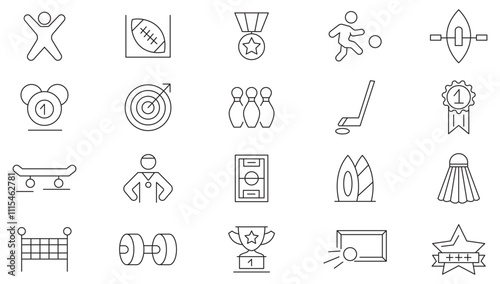 Sports line icon set. Containing badge, trophy, includes barbell, football, swimming, gymnastics,  football, basketball,  table tennis, sparing, and cardio line icon set. UI thin line icon pack.