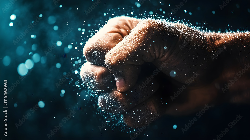 Fototapeta premium A close-up of a clenched fist releasing particles, creating a dramatic effect against a dark, illuminated background