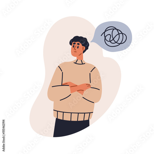 Confused man thinking. Stressed person in problem, troubled puzzled worried anxious emotion. Overthinking, confusion, intrusive thoughts concept. Flat vector illustration isolated on white background