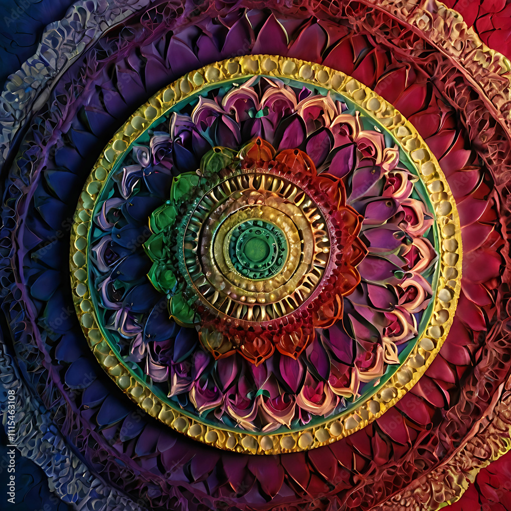 Fototapeta premium Intricate Circular Mandala in Jewel Tones of Emerald, Sapphire, and Ruby