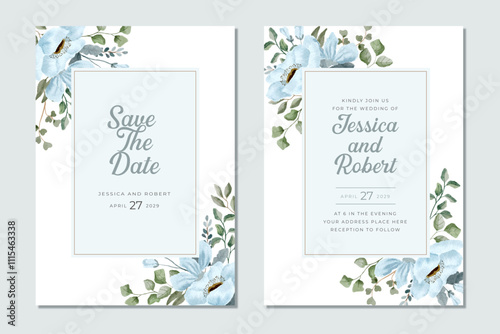wedding invitation card blue floral watercolor frame