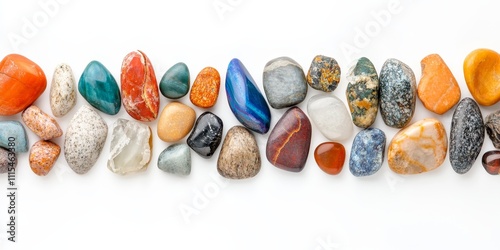 Vibrant and beautiful colorful stones displayed against a clean white background, showcasing the stunning variety and uniqueness of beautiful colorful stones perfect for any creative project. photo