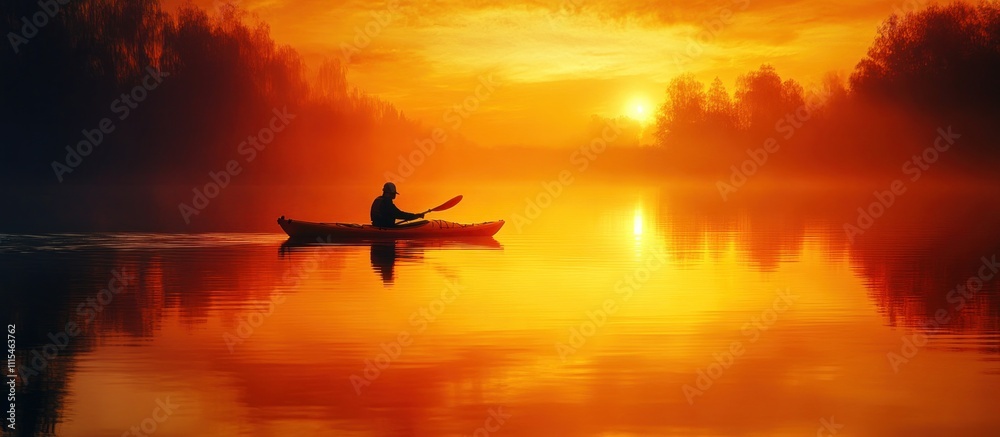 Silhouette of a kayaker paddling on a calm lake during a vibrant sunrise. Silhouette of a kayaker paddling on a calm lake during a vibrant sunrise.