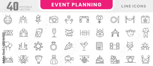 Event planning line icon set. Containing decorations, venue, event planning, registration, entertainment, invitations, coordination, wedding, entertainment line icon set. UI thin line icon pack.