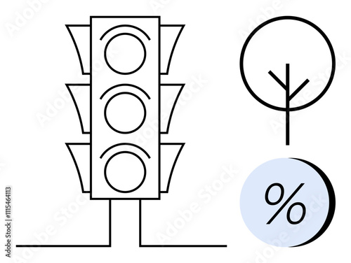 Traffic light with three unlit circles alongside a simplistic tree and percentage symbol. Ideal for urban planning, environmental studies, statistics, infographics, education, design