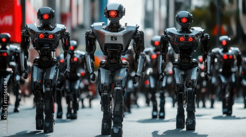 Obraz premium Army of gray red and black robots walking. 