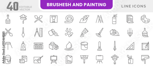 Brush and Painting line icon set. Painting tools, paint, art, canvas, spray, color palette, paint bucket, highlighter, sketchbook, notebook line icon set. Ui thin line icon pack.