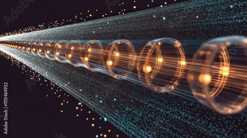 Fiber optic cables transmitting data through glowing threads in futuristic digital network