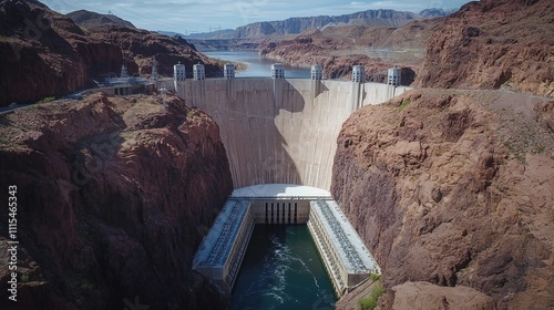 Hydroelectric dam for industry concept on natural background. Suitable for marketing or business purposes. Panoramic banner with place for text photo