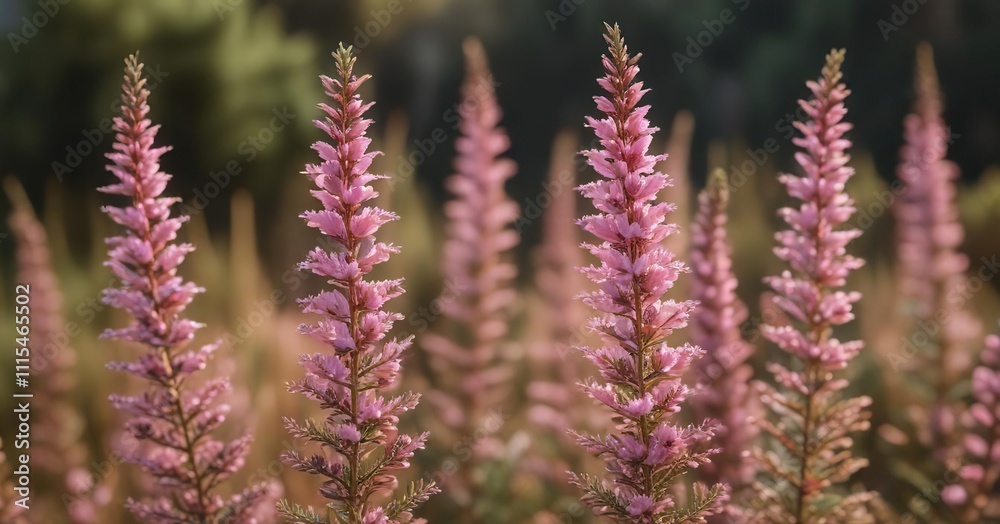 Obraz premium Closeup of pink heather flowers Calluna vulgaris against a floral background with soft focus and warm light, closeup photography, flowers