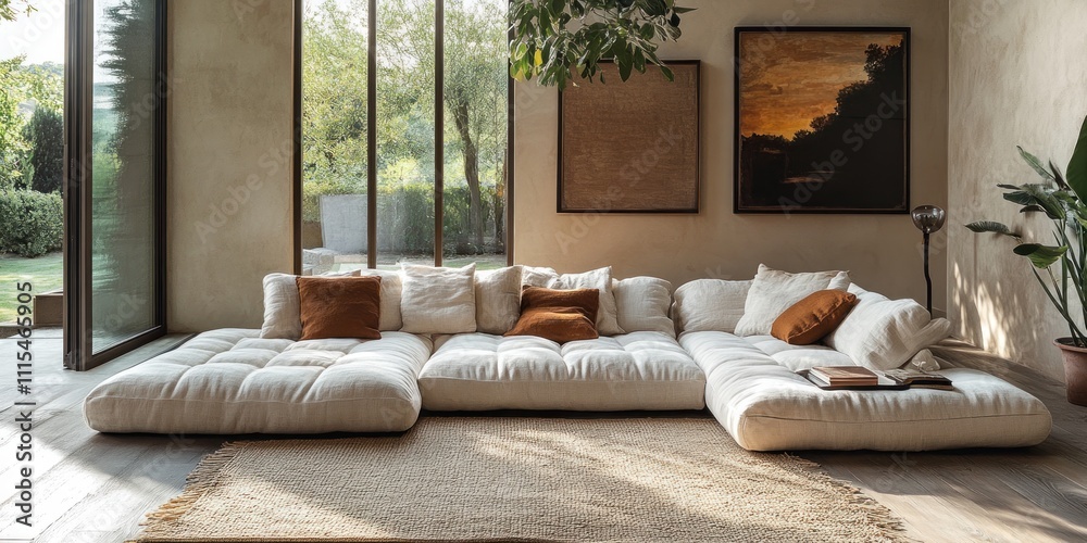 Fototapeta premium Modern Sectional Sofa in a Sunlit Room with Artwork