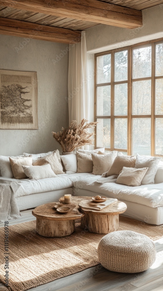 Fototapeta premium Rustic Living Room with Neutral Decor and Wooden Accents