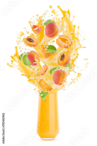 Peach juice in drinking glass, peach pieces green leaves, drops, splashes, flows of juice fly on white background, isolated. Cocktail for advertising, label product, branding, flyer, poster, design.