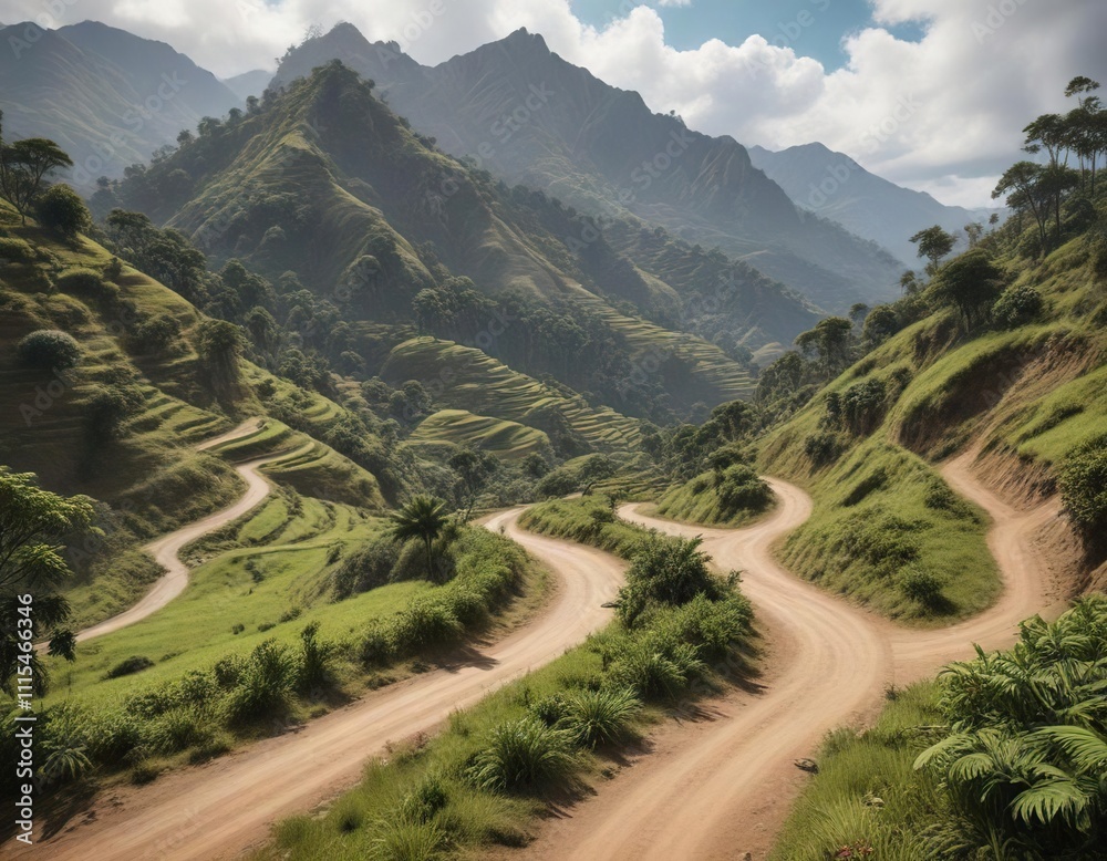 Fototapeta premium Colombian Andean mountains with a traditional coffee farm and a winding road, agriculture, crops, view