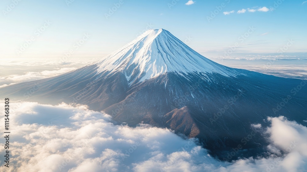 Fototapeta premium Aerial perspective of a snow-capped mountain peak, capturing the majestic beauty of the mountain. The scene emphasizes the serene white landscape with ample copy space.