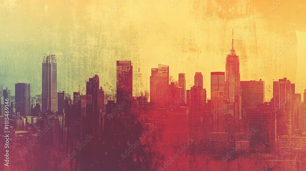 This retro cityscape showcases bold building silhouettes in rich colors, highlighting an urban skyline at twilight with copy space available. Generative AI This retro cityscape showcases bold building silhouettes in rich colors, highlighting an urban skyline at twilight with copy space available. Generative AI