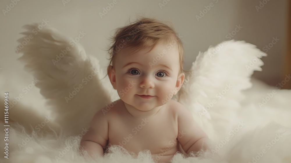 A baby dressed as a tiny angel, complete with feathered wings and a soft white backdrop.