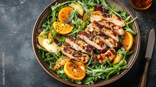 Savory carrot arugula salad filled with sliced apples, oranges, and sesame flame grilled chicken strips served in a wide dish, perfect for a fresh and vibrant meal. Photo style with copy space.