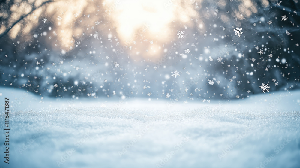 Winter snowflakes falling gently in serene forest landscape with sunlight Winter snowflakes falling gently in serene forest landscape with sunlight