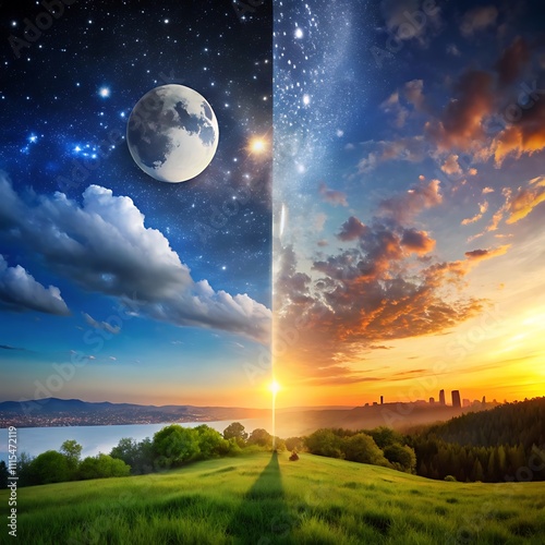 An image that captures the passage of time in a single scene, like day turning into night.