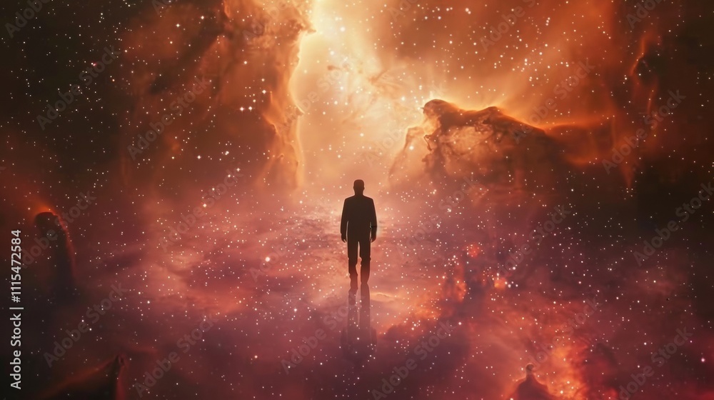 Fototapeta premium A solitary man adrift in the stunning universe surrounded by stars and glowing nebulae