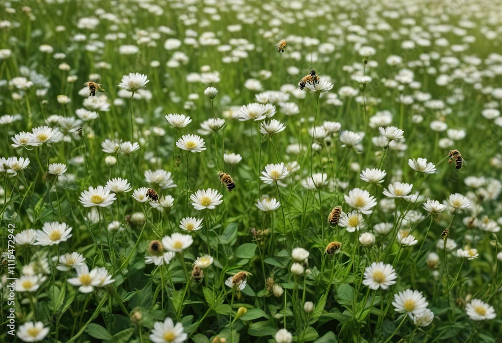 Field of white clover flowers with honey bees collecting nectar , honey bees, sunny field, wildflowers Field of white clover flowers with honey bees collecting nectar , honey bees, sunny field, wildflowers
