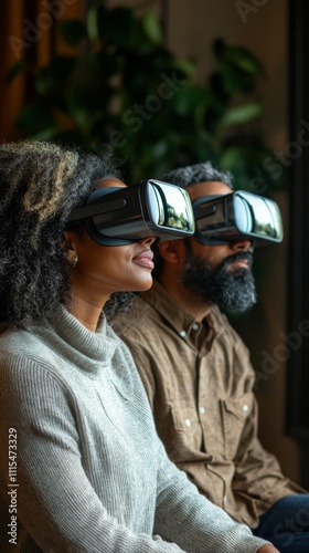 Couple experiencing virtual reality in a cozy indoor setting photo