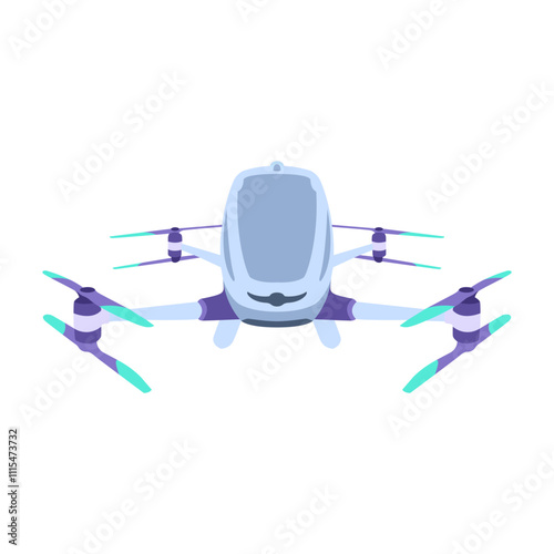 futuristic flying car with propellers flat vector illustration, designed in a modern and minimalistic style with blue and purple accents.