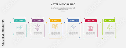 6 points template infographic outline style with 6 point step template with creative table box container with arrow line cut for slide presentation