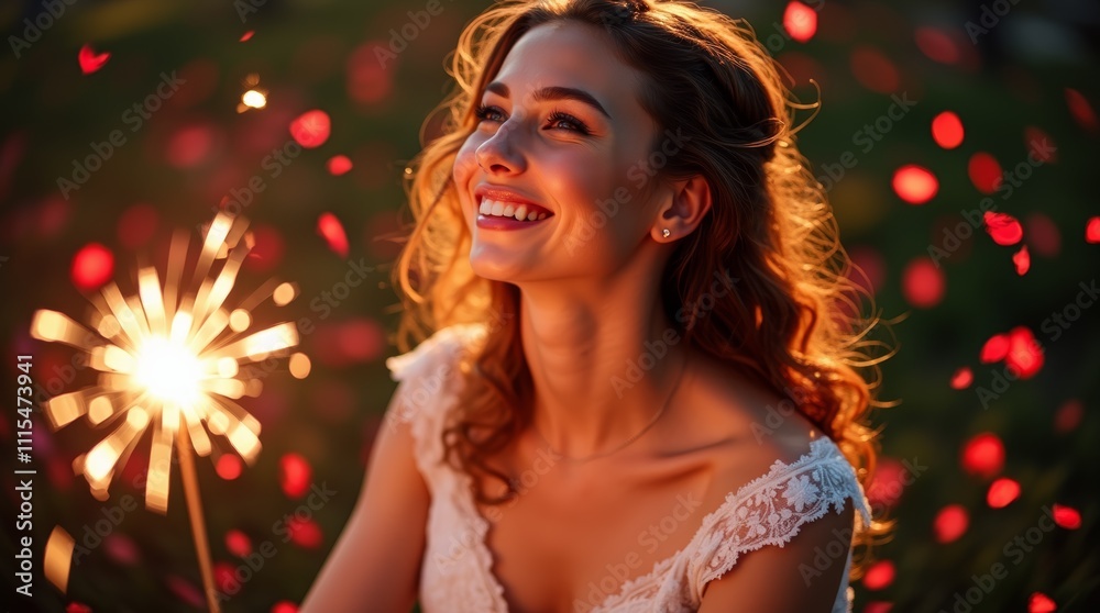 Naklejka premium Bride Celebrating with Sparklers and Rose Petals