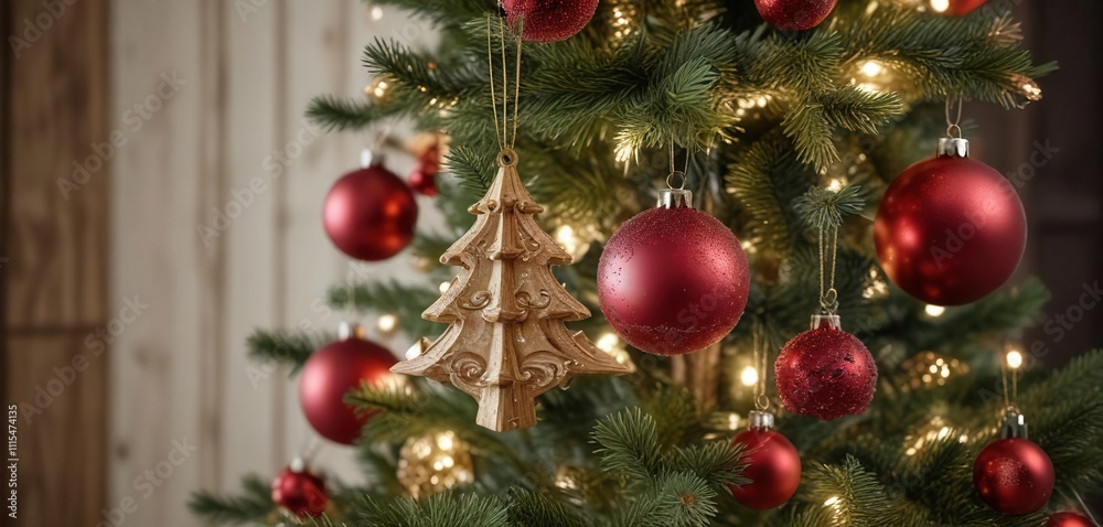 Glittering ornaments hanging from a wooden Christmas tree , tree, festive Glittering ornaments hanging from a wooden Christmas tree , tree, festive