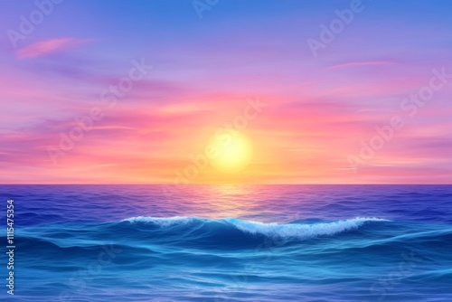 A serene sunset over a calm ocean, with soft waves and glowing clouds. Generative AI