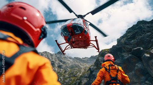 Rescue team preparing for helicopter extraction in rugged terrain