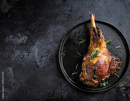 Oven baked lamb leg. Dark background. Top view. Copy space