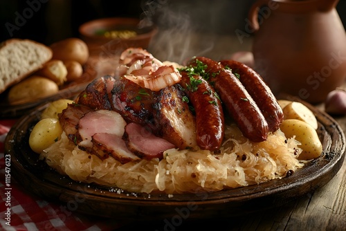 A hearty plate of choucroute Alsacienne: golden sauerkraut with smoked meats, plump frankfurters, boiled potatoes, mustard, and rustic décor photo