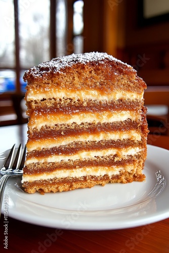  Un trozo de pastel de miel con múltiples capas servido en un plato, con fondo cálido.
