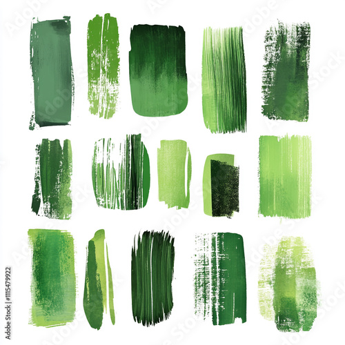 Collection of Green Paintbrush Strokes Isolated on White Background