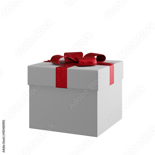 White gift box with red ribbon isolated on empty background. Christmas present for holiday sale shop design element.
