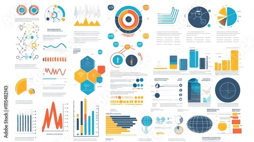 A large collection of colorful charts and graphs with text and icons, perfect for data visualization and presentations.