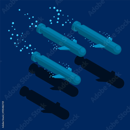 Mass torpedo attack on submarine target. Weapons of underwater fight at sea and in ocean. Use of destructive weapons in conflicts at sea naval deterrence forces. 3D vector concept