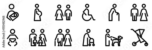 Family, couple, man, guide dog, wheelchair, stroller, mother and baby, disabled, elderly person, pregnant  line icon vector set. Editable stroke 