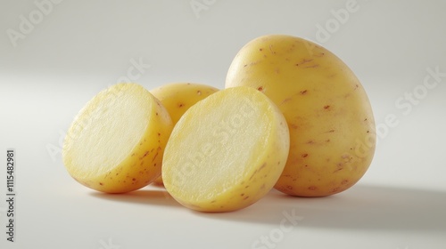 Two yellow potatoes, one whole and two halves, on a white background.