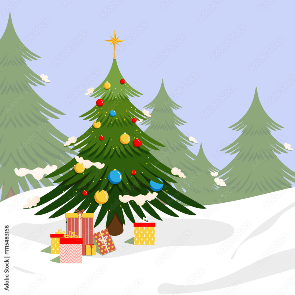 Christmas tree Vector - Festive Holiday Design Christmas tree with gifts in a flat style